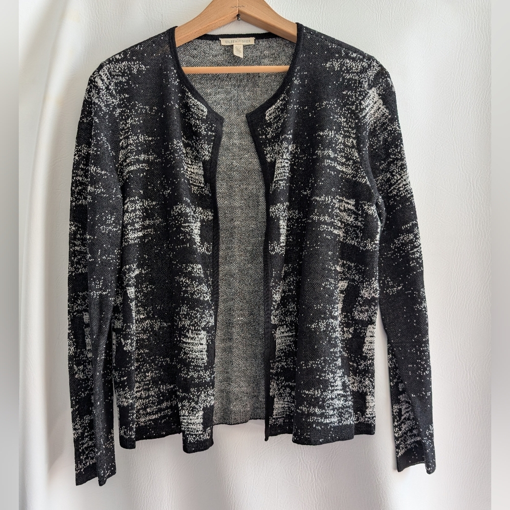 Eileen Fisher Linen Black & Off-White Textured Knit Round-Neck Open Cardigan - S